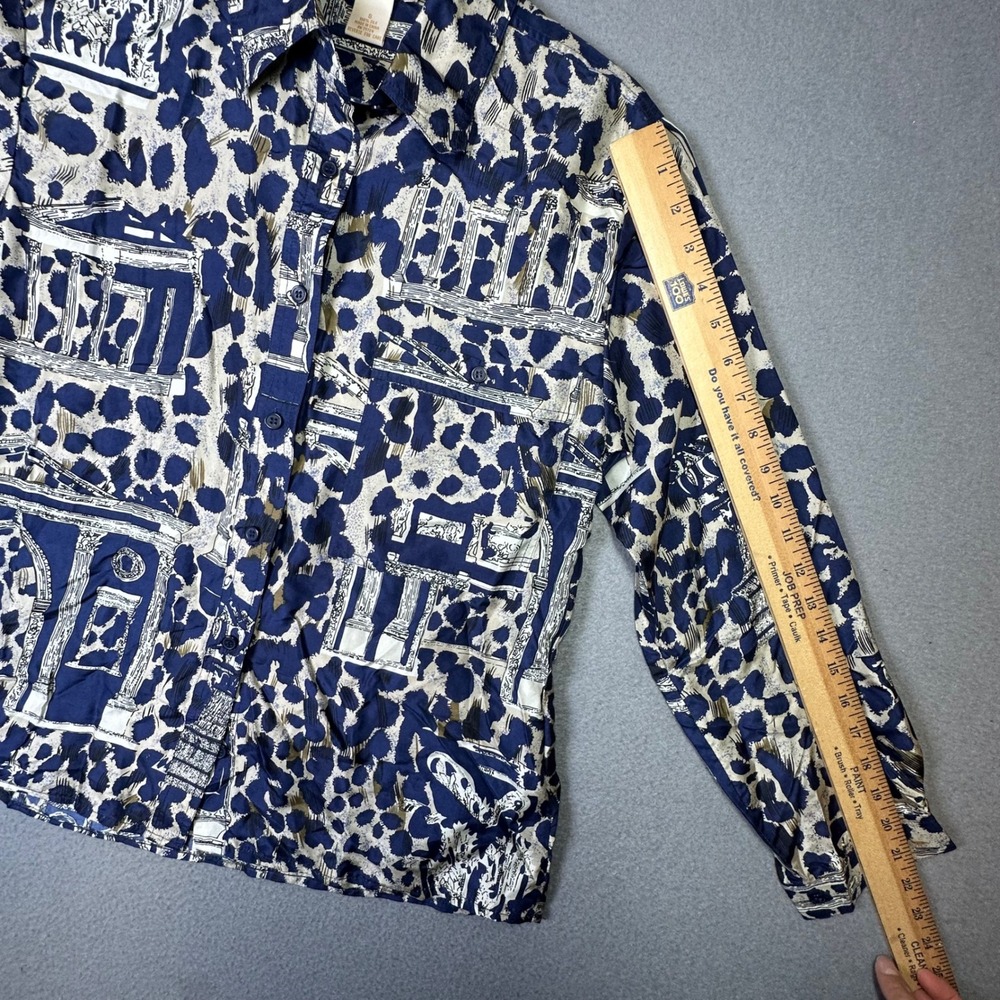 Metro Express 100% Silk Blouse Architectural Animal Print Blue Cream Vintage S - Picture 6 of 9